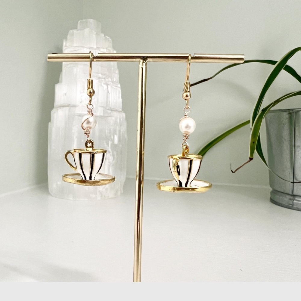 Handcrafted Gold and White Teacup and Saucer Earrings